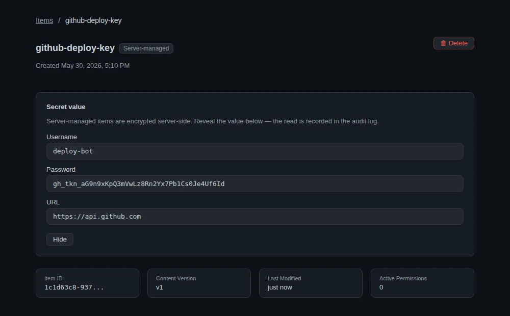 An item page in the dashboard with a server-managed secret revealed.