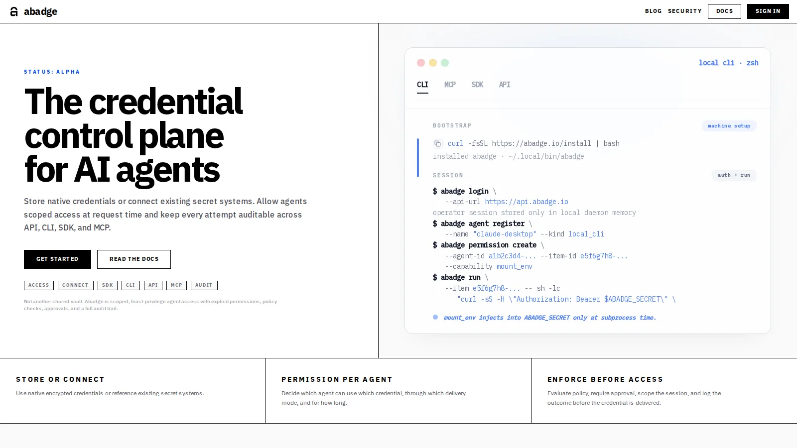 The abadge landing page with the CLI flow: log in, register an agent, grant a permission, and run a command with the secret injected.