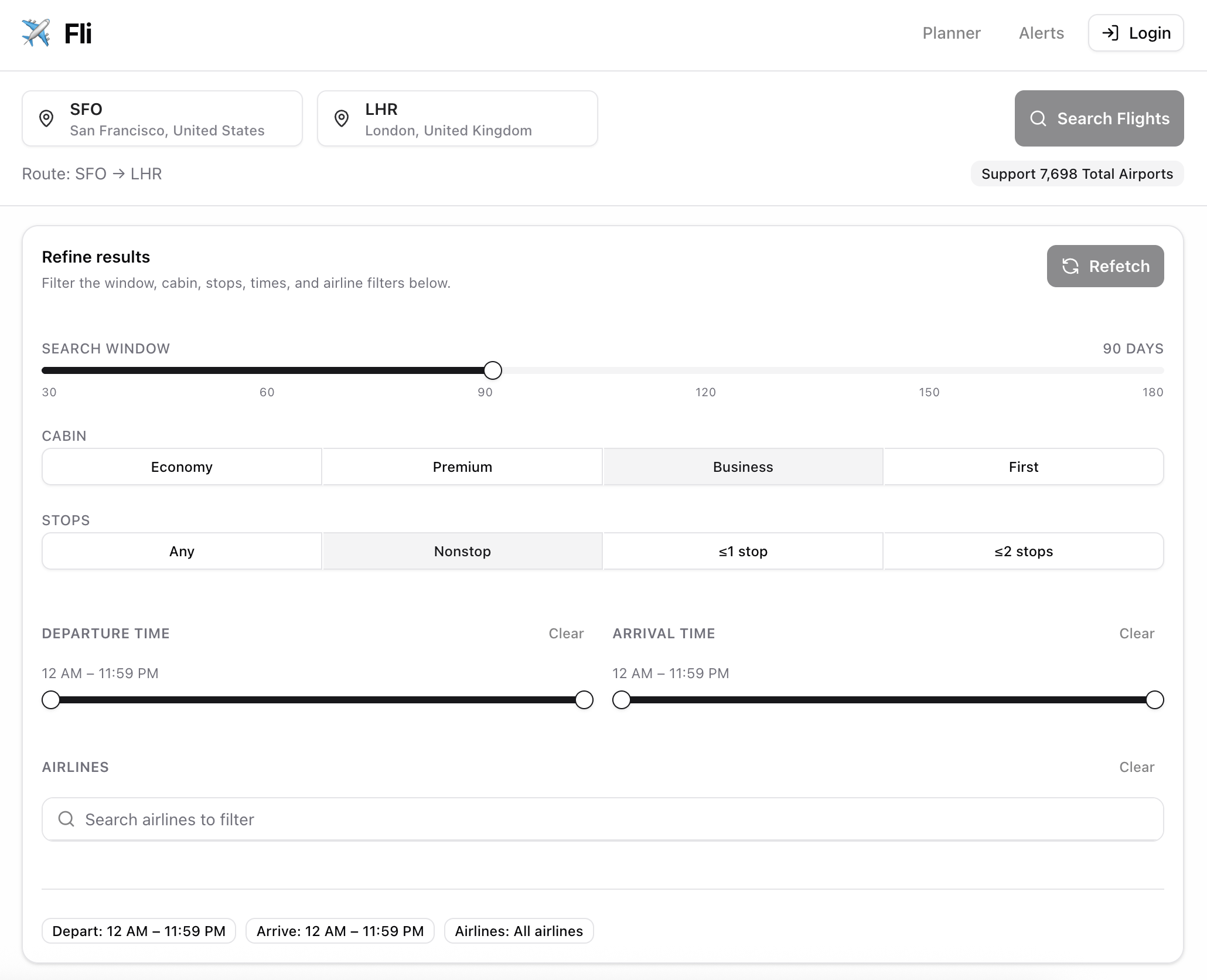 Flight search filters UI