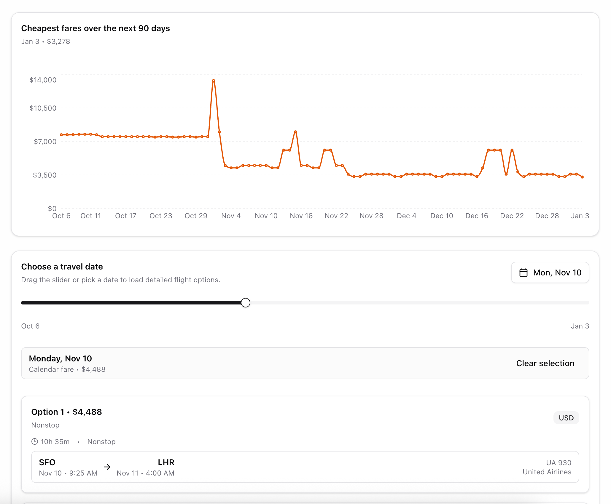 Flight search results UI