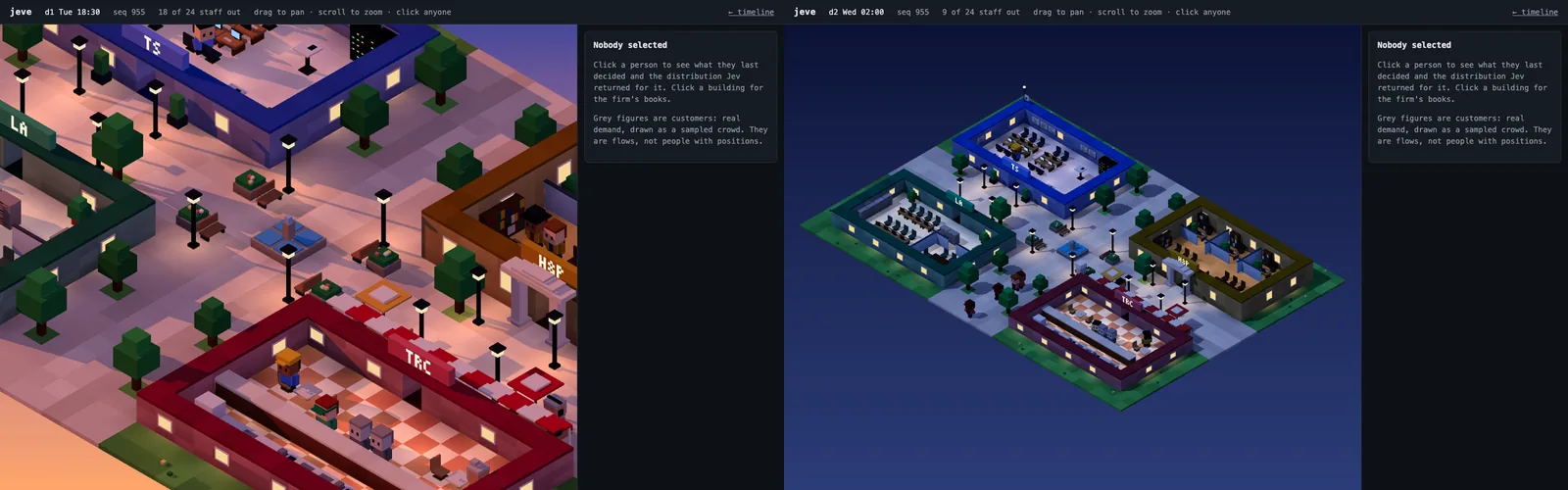 The town follows the simulated clock, from evening to 2 AM. The same street at dusk and at 2 AM.