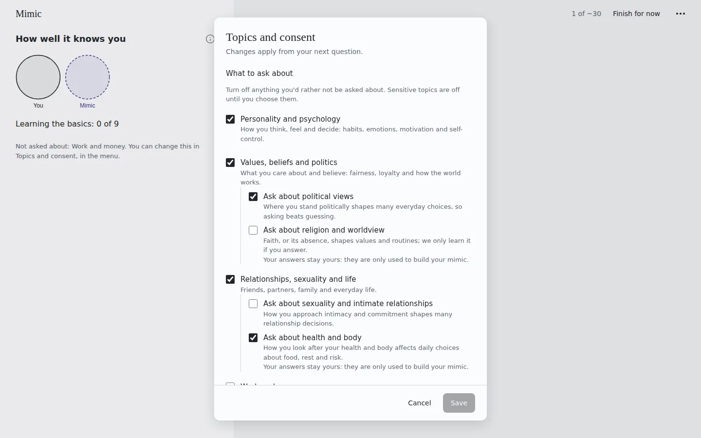 Sensitive areas are opt-in, and you can change them mid-session. The topics and consent sheet with opt-in toggles for sensitive areas.