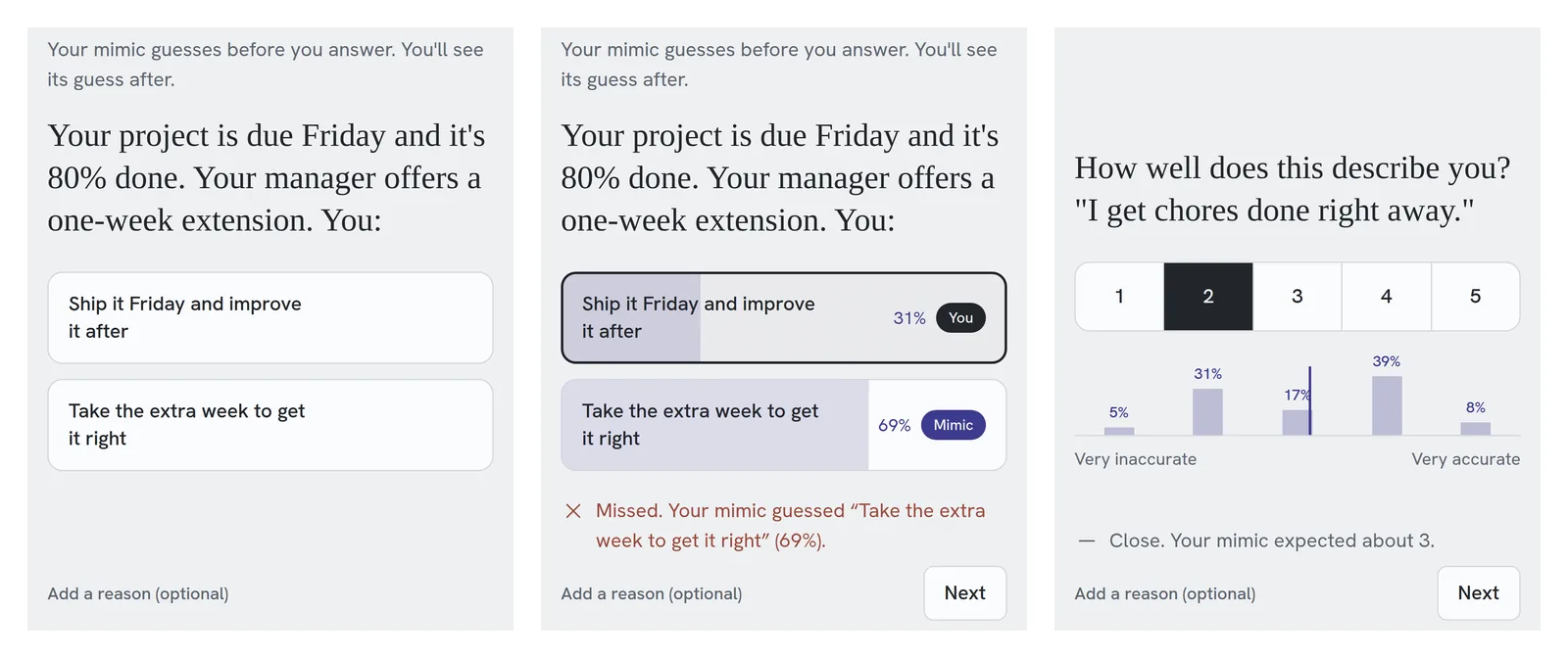 On a phone: the question, the reveal, and a scale question with the mimic's full distribution. Three phone screens: a question, the reveal after answering, and a scale question with the predicted distribution.