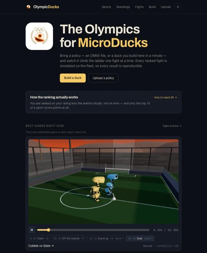 The OlympicDucks home page with a live 3D replay of a soccer match.