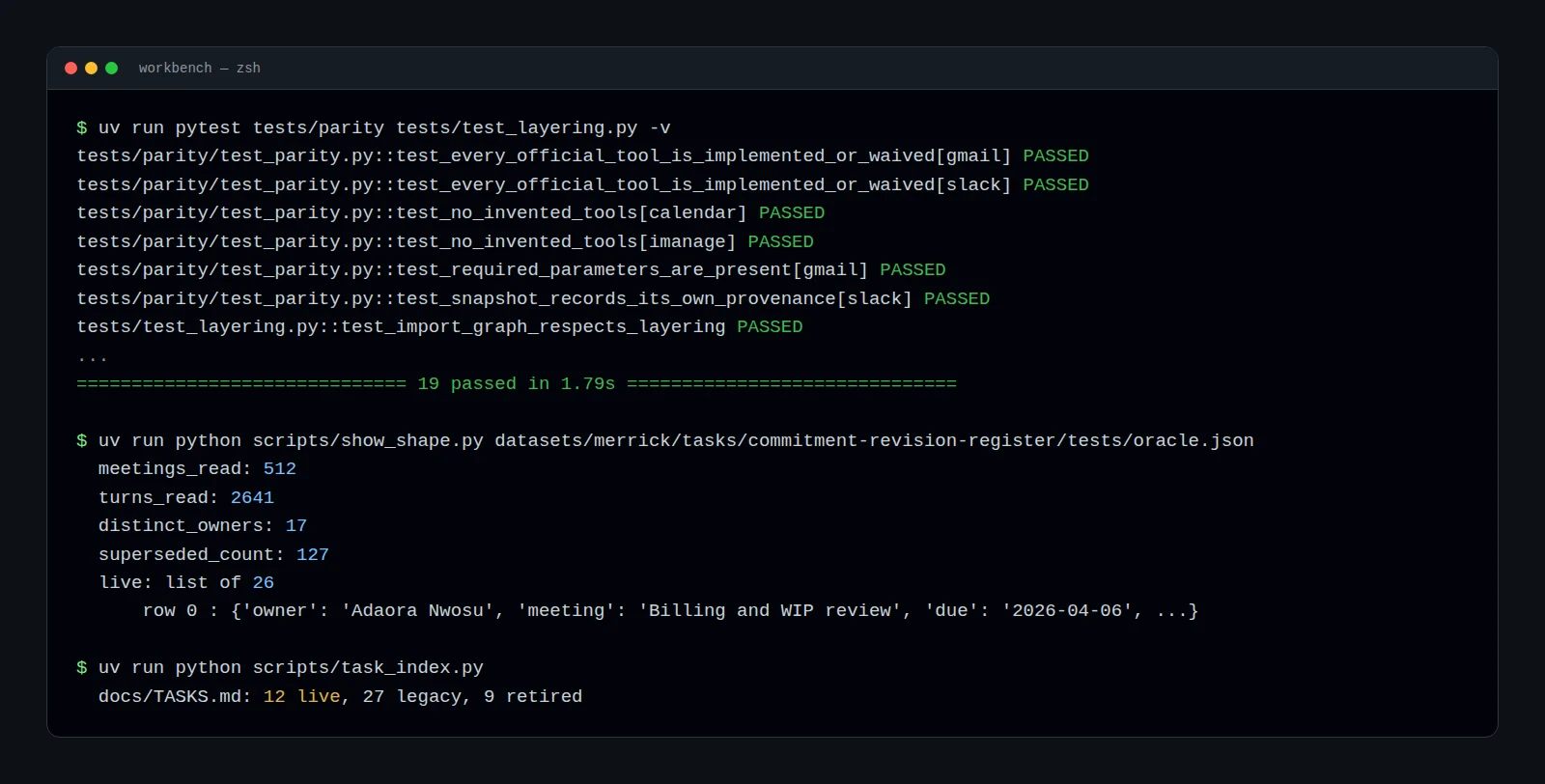 Real output: the vendor parity tests, the shape of one task's answer key, and the task index. Terminal output from the Workbench test suite, an answer key summary and the task index.